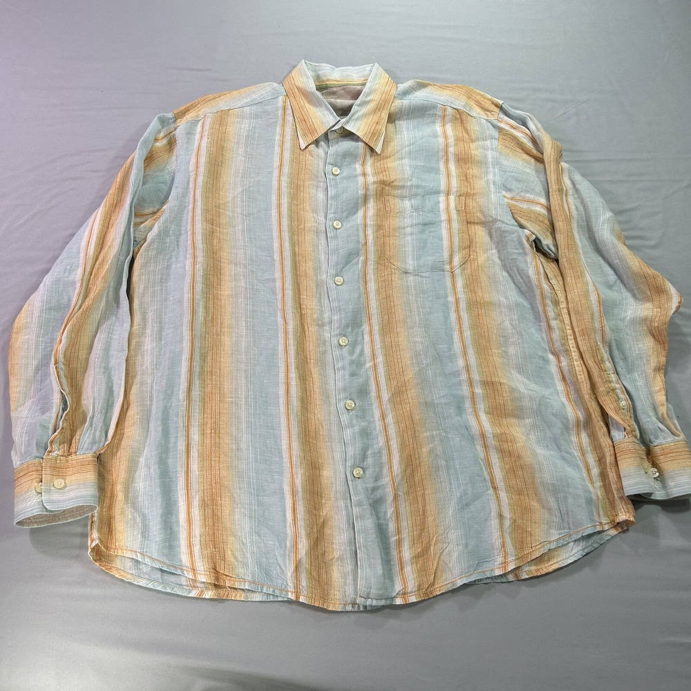Tommy Bahama Shirt Mens XL Orange Striped Linen Button Up Casual Beach‎ Preppy